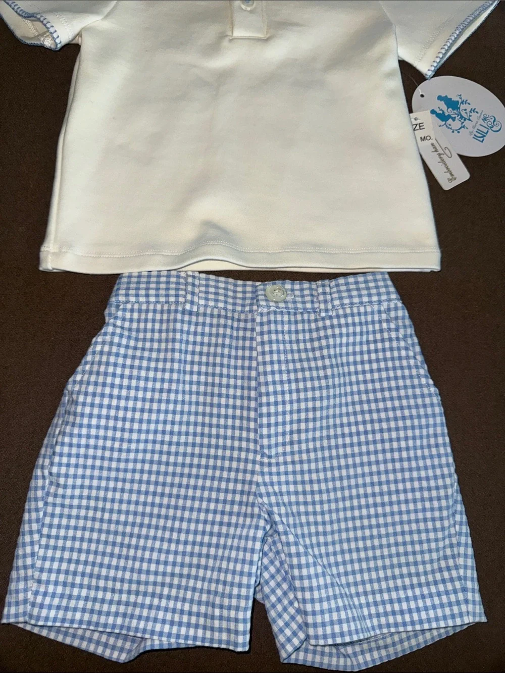 Luli & Me White Polo with Blue Gingham Collar and Shorts Set